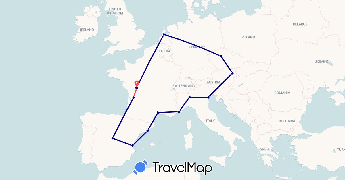 TravelMap itinerary: driving, hiking in Austria, Czech Republic, Spain, France, Italy, Monaco, Netherlands (Europe)